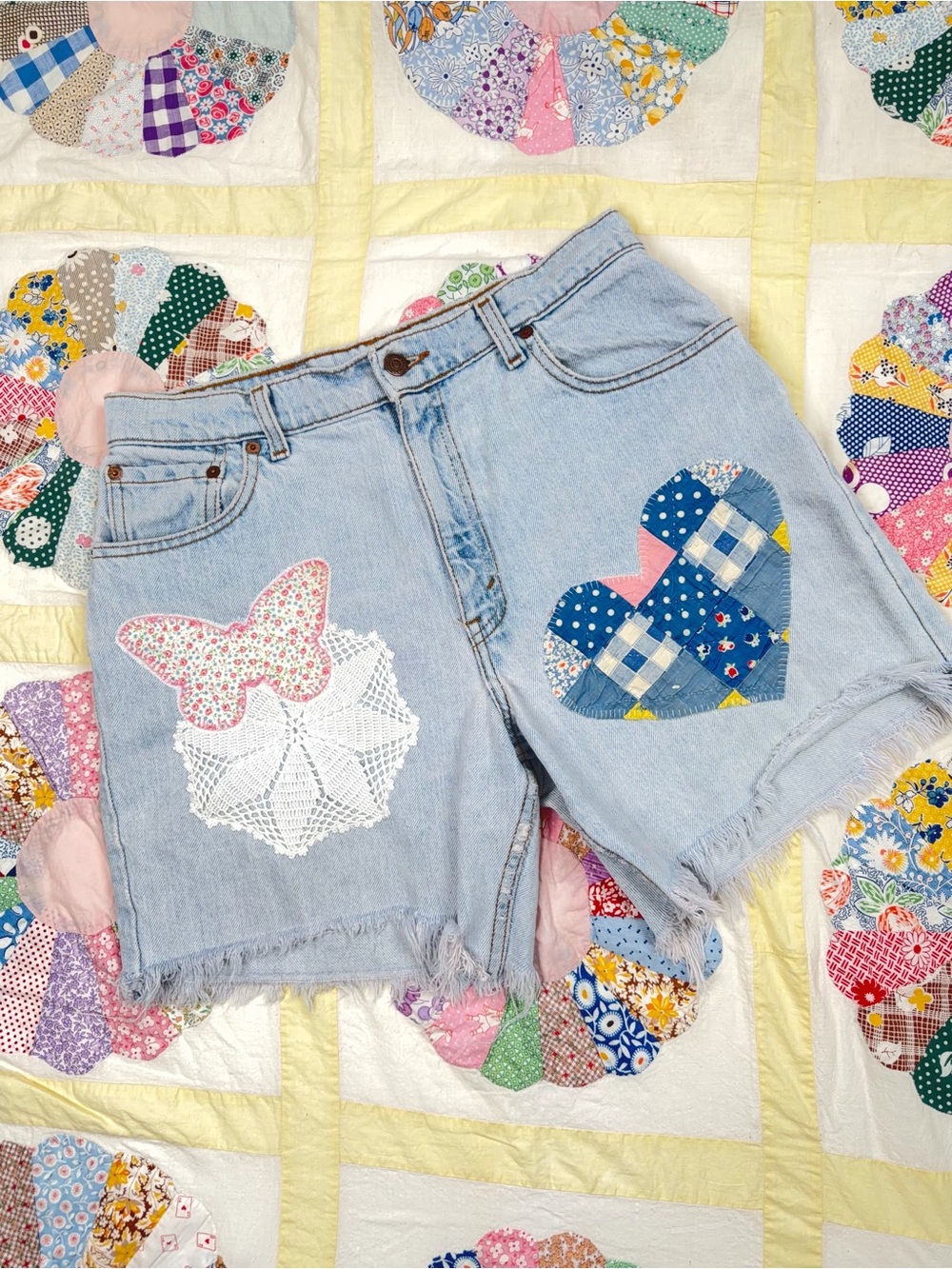 Levis Vintage 90s Upcycled Reworked Denim Cut Off Shorts Patchwork Repaired 28x6